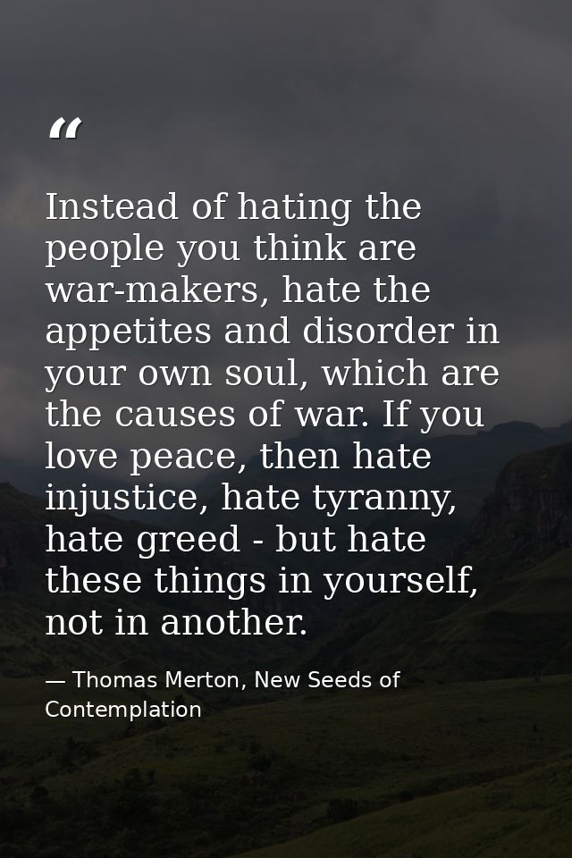 Instead of hating the people you think are war-makers, hate the appetites and disorder in your own soul, which are the c — Thomas Merton, New Seeds of Contemplation