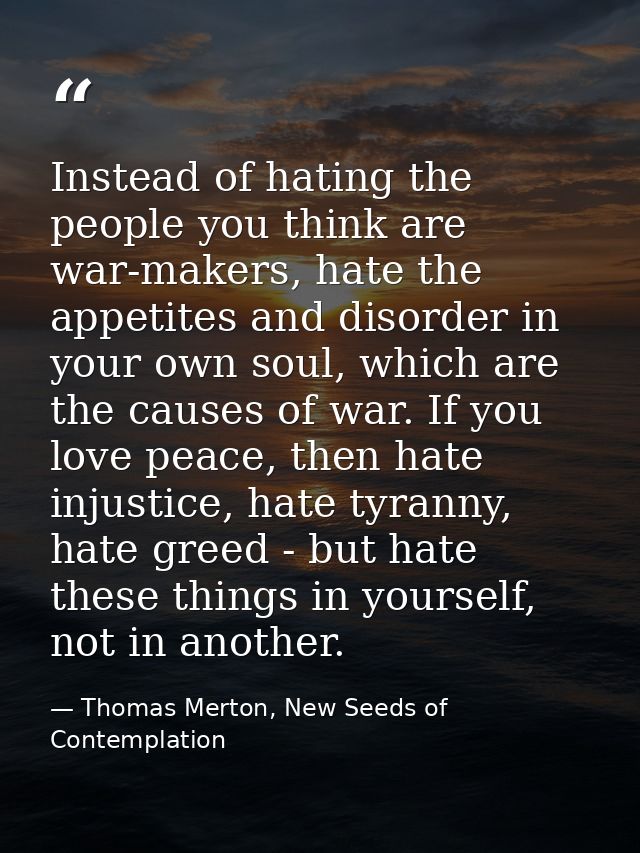 Instead of hating the people you think are war-makers, hate the appetites and disorder in your own soul, which are the c — Thomas Merton, New Seeds of Contemplation