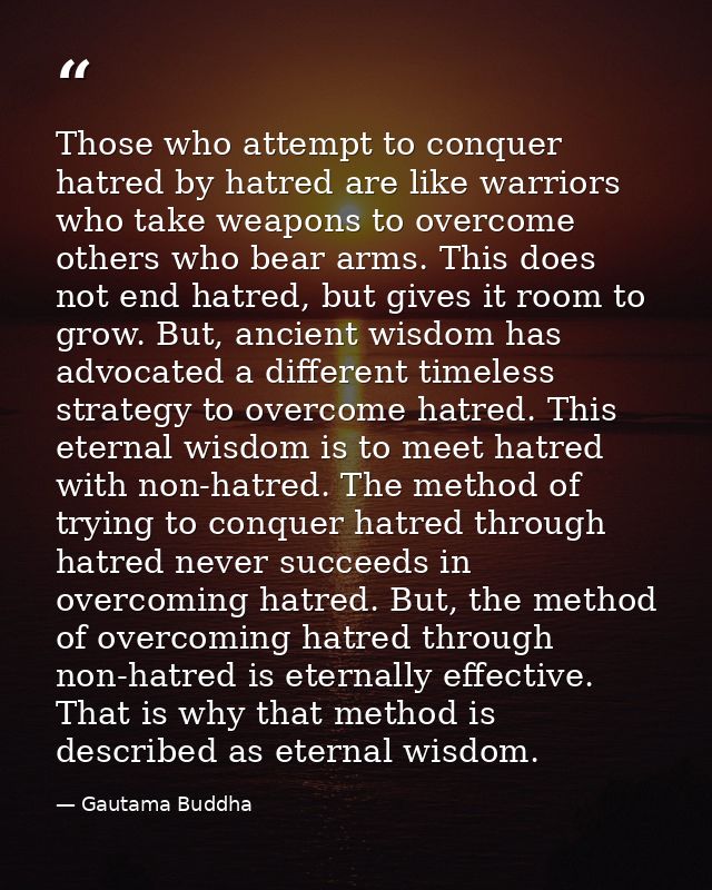 Those who attempt to conquer hatred by hatred are like warriors who take weapons to overcome others who bear arms. This  — Gautama Buddha