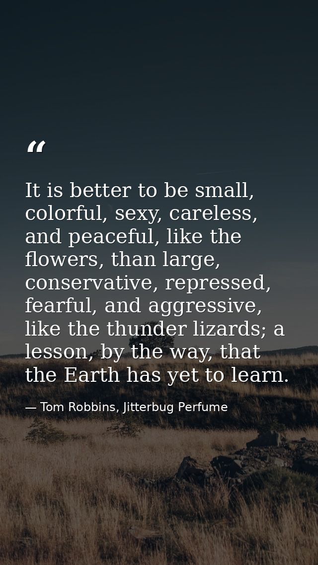 It is better to be small, colorful, sexy, careless, and peaceful, like the flowers, than large, conservative, repressed, — Tom Robbins, Jitterbug Perfume