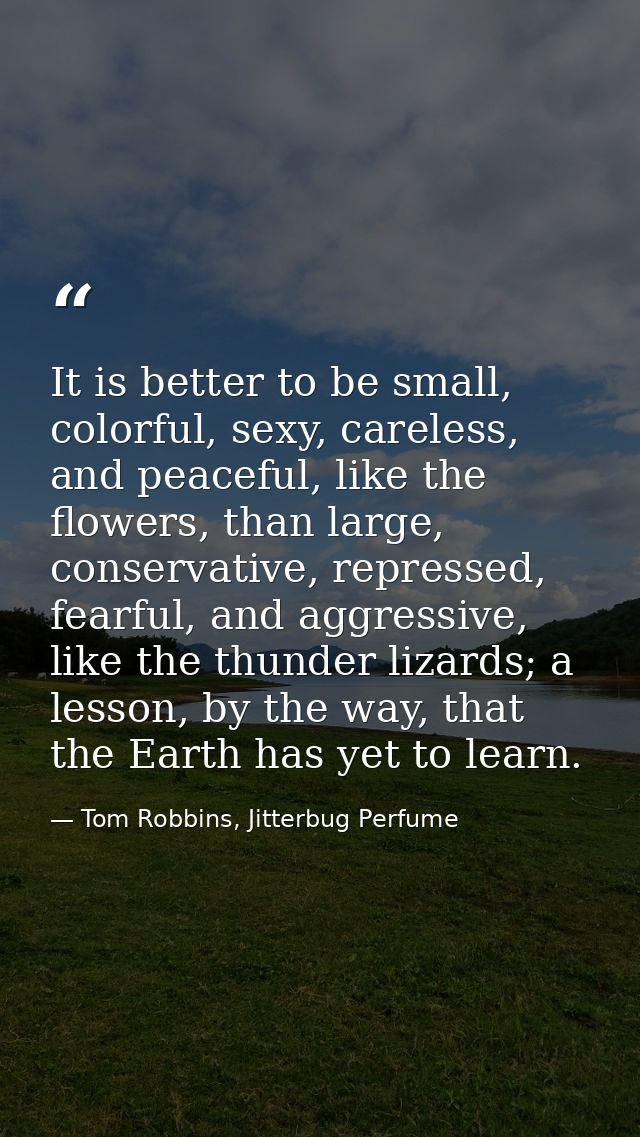 It is better to be small, colorful, sexy, careless, and peaceful, like the flowers, than large, conservative, repressed, — Tom Robbins, Jitterbug Perfume
