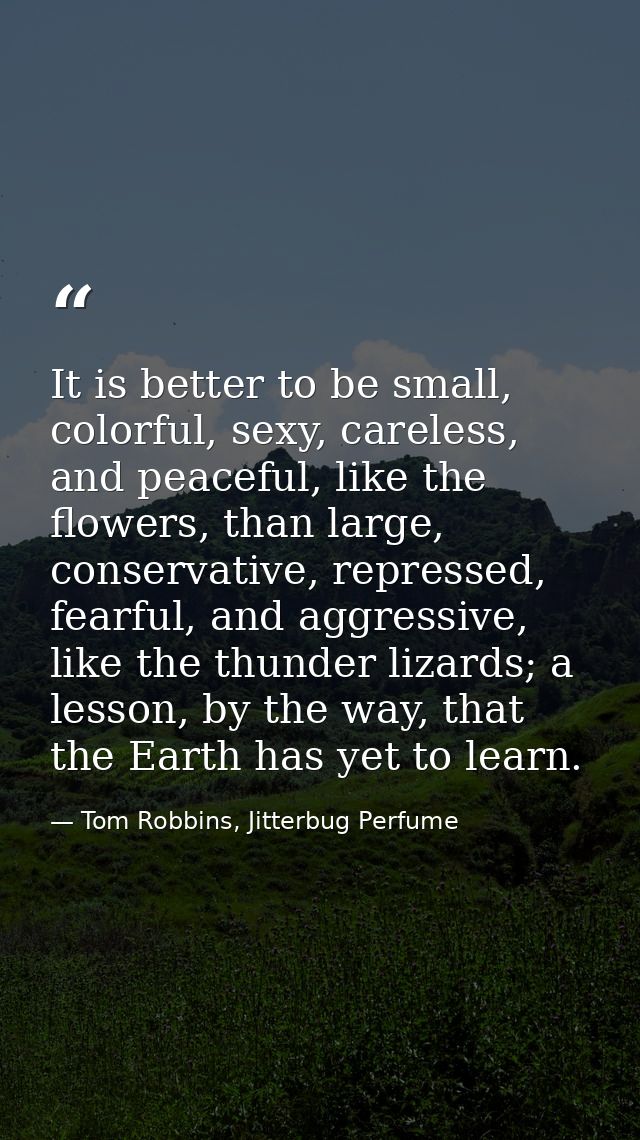 It is better to be small, colorful, sexy, careless, and peaceful, like the flowers, than large, conservative, repressed, — Tom Robbins, Jitterbug Perfume
