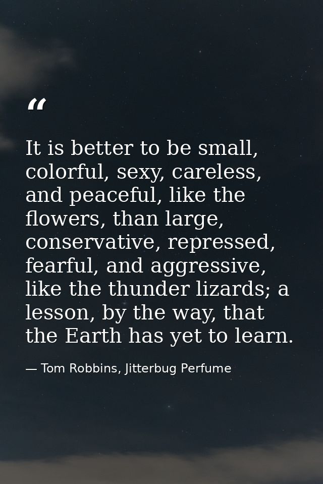 It is better to be small, colorful, sexy, careless, and peaceful, like the flowers, than large, conservative, repressed, — Tom Robbins, Jitterbug Perfume