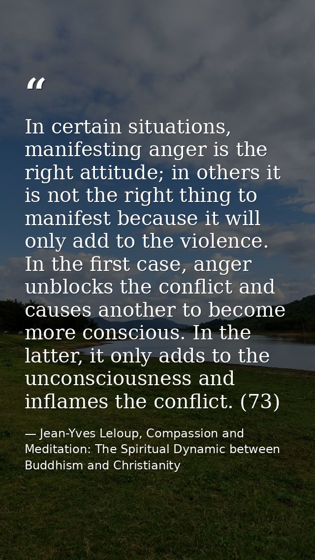 In certain situations, manifesting anger is the right attitude; in others it is not the right thing to manifest because  — Jean-Yves Leloup, Compassion and Meditation: The Spiritual Dynamic between Buddhism and Christianity