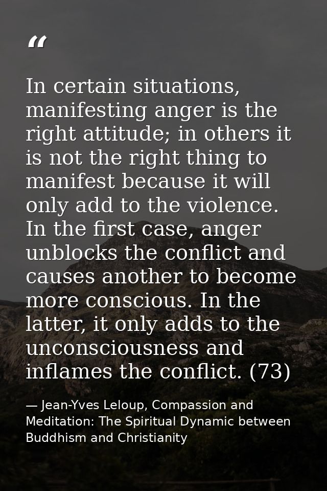 In certain situations, manifesting anger is the right attitude; in others it is not the right thing to manifest because  — Jean-Yves Leloup, Compassion and Meditation: The Spiritual Dynamic between Buddhism and Christianity