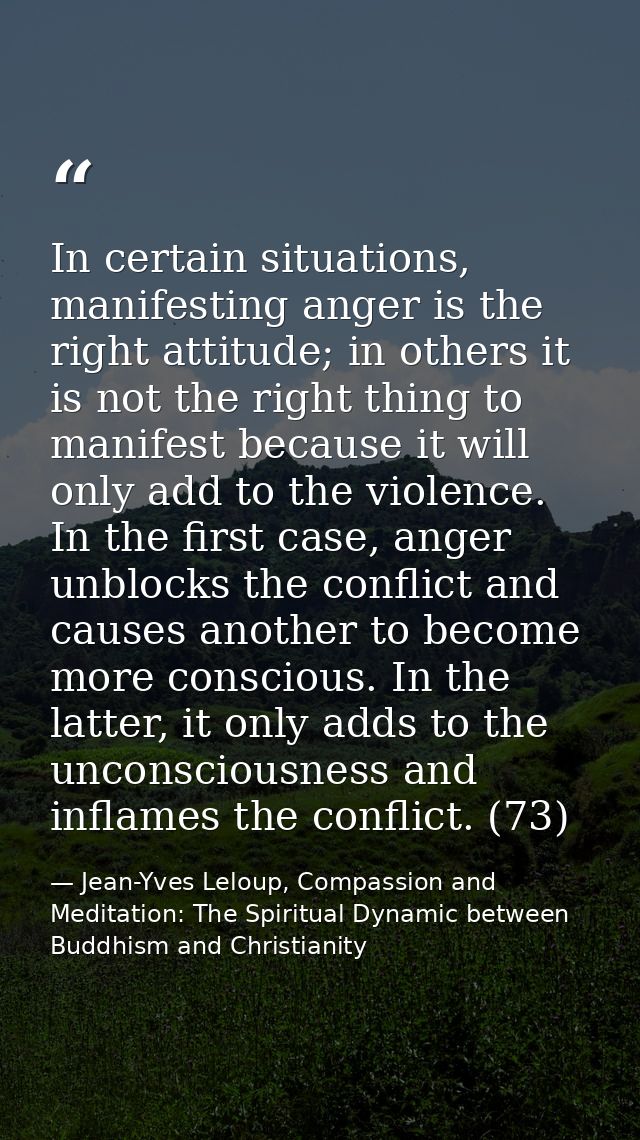 In certain situations, manifesting anger is the right attitude; in others it is not the right thing to manifest because  — Jean-Yves Leloup, Compassion and Meditation: The Spiritual Dynamic between Buddhism and Christianity