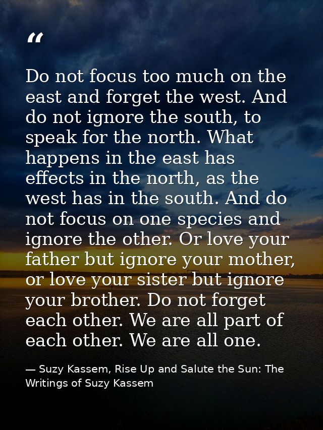 Do not focus too much on the east and forget the west. And do not ignore the south, to speak for the north. What happens — Suzy Kassem, Rise Up and Salute the Sun: The Writings of Suzy Kassem