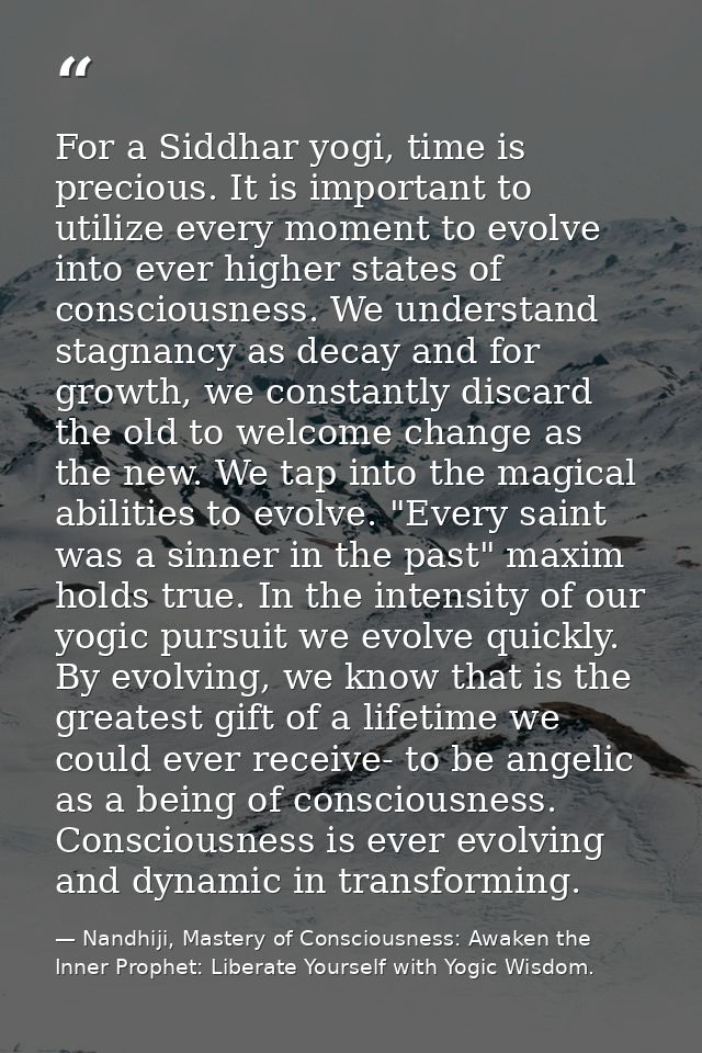 For a Siddhar yogi, time is precious. It is important to utilize every moment to evolve into ever higher states of consc — Nandhiji, Mastery of Consciousness: Awaken the Inner Prophet: Liberate Yourself with Yogic Wisdom.