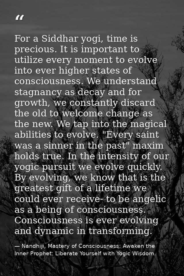 For a Siddhar yogi, time is precious. It is important to utilize every moment to evolve into ever higher states of consc — Nandhiji, Mastery of Consciousness: Awaken the Inner Prophet: Liberate Yourself with Yogic Wisdom.