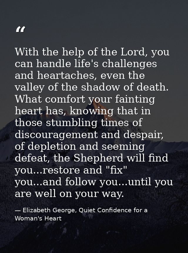 With the help of the Lord, you can handle life's challenges and heartaches, even the valley of the shadow of death. What — Elizabeth George, Quiet Confidence for a Woman's Heart