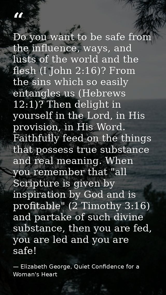 Do you want to be safe from the influence, ways, and lusts of the world and the flesh (I John 2:16)? From the sins which — Elizabeth George, Quiet Confidence for a Woman's Heart