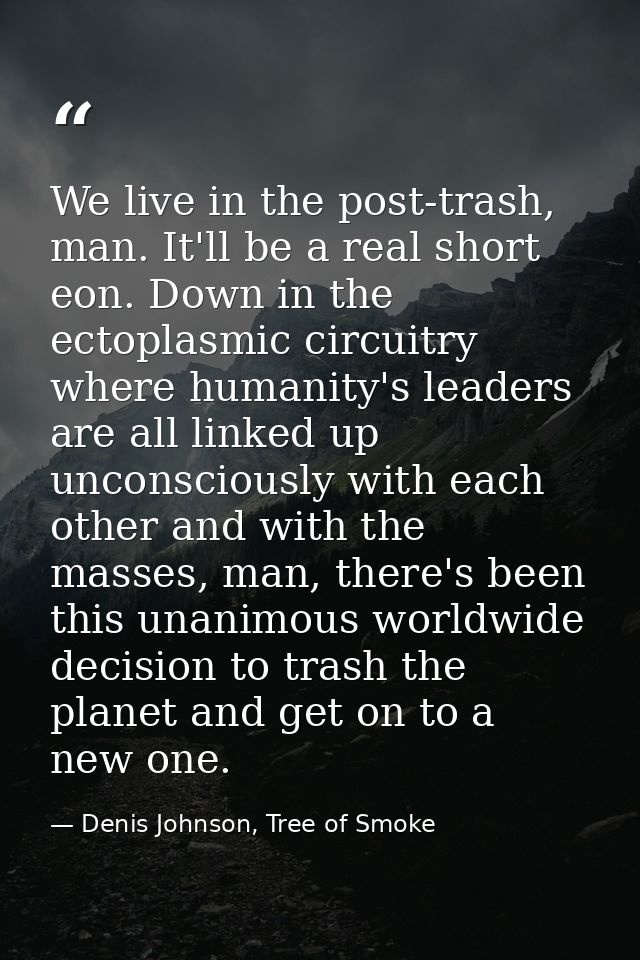 We live in the post-trash, man. It'll be a real short eon. Down in the ectoplasmic circuitry where humanity's leaders ar — Denis Johnson, Tree of Smoke