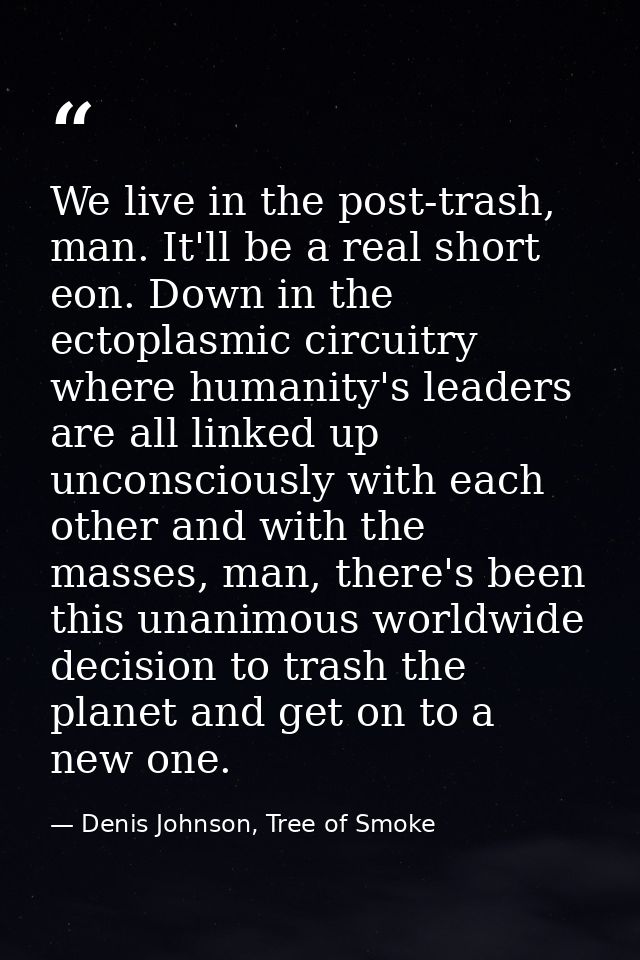 We live in the post-trash, man. It'll be a real short eon. Down in the ectoplasmic circuitry where humanity's leaders ar — Denis Johnson, Tree of Smoke