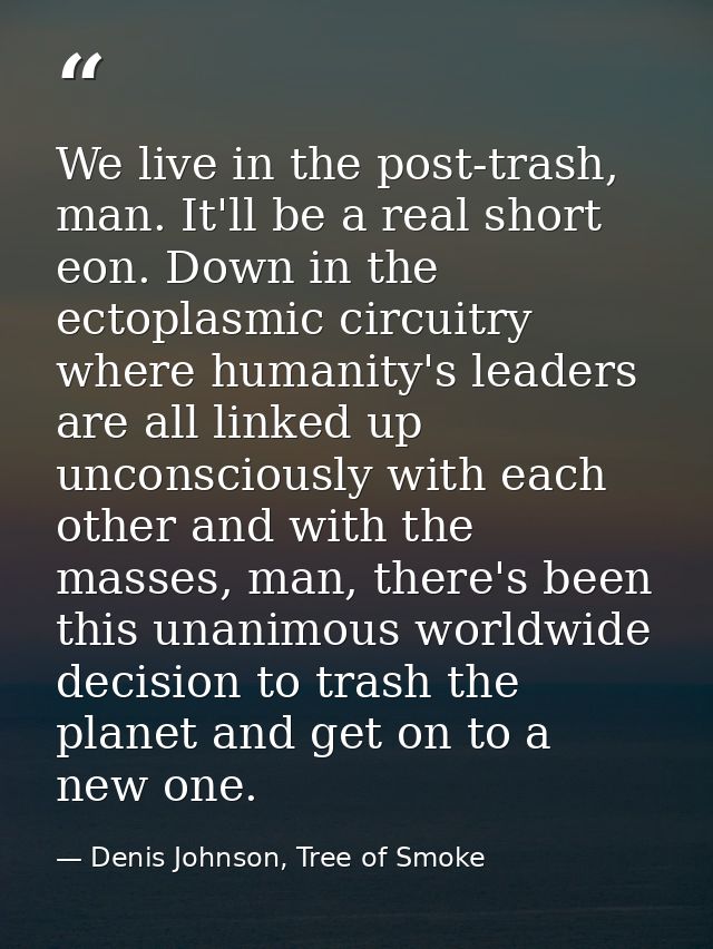We live in the post-trash, man. It'll be a real short eon. Down in the ectoplasmic circuitry where humanity's leaders ar — Denis Johnson, Tree of Smoke