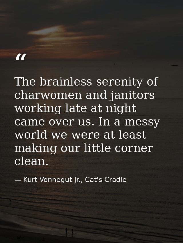 The brainless serenity of charwomen and janitors working late at night came over us. In a messy world we were at least m — Kurt Vonnegut Jr., Cat's Cradle