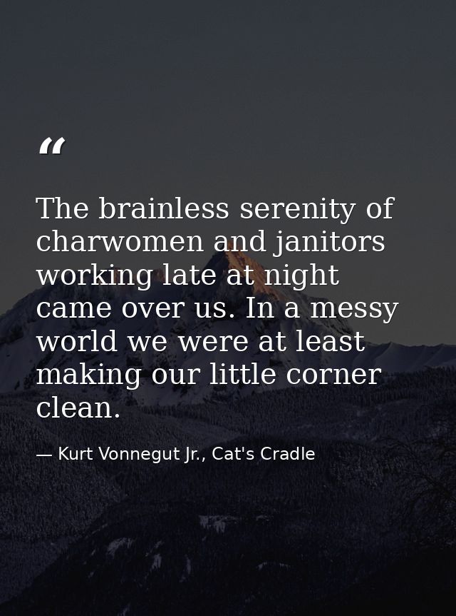 The brainless serenity of charwomen and janitors working late at night came over us. In a messy world we were at least m — Kurt Vonnegut Jr., Cat's Cradle
