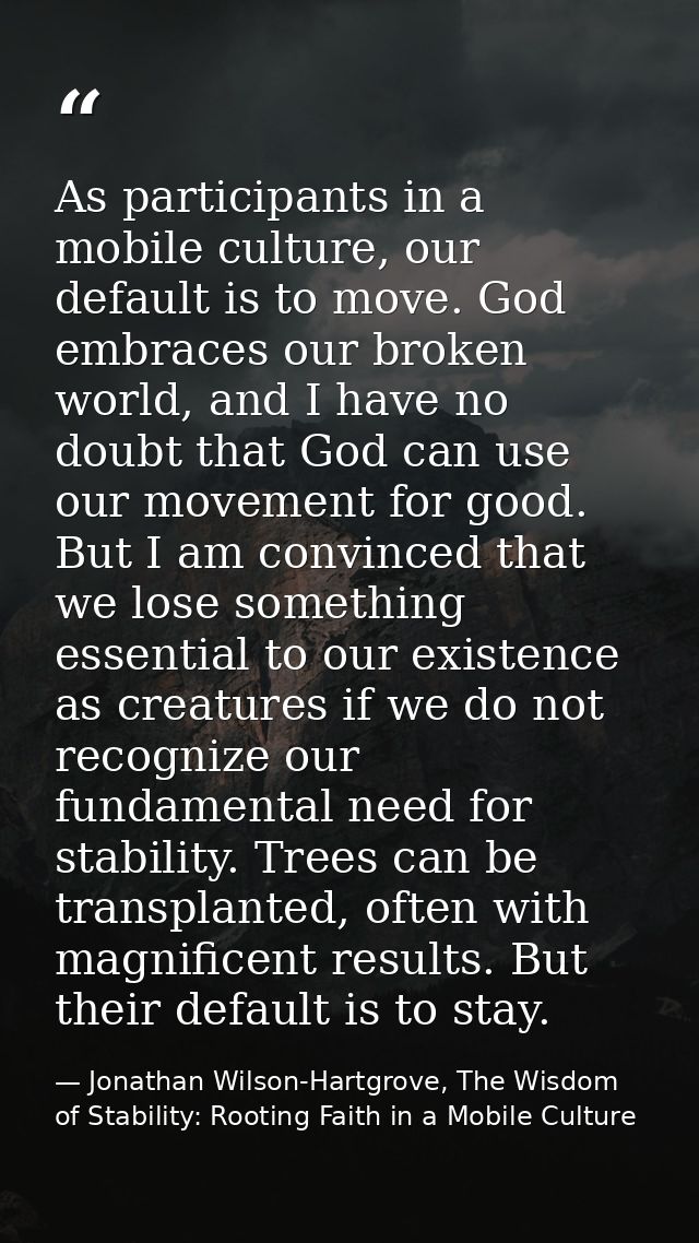 As participants in a mobile culture, our default is to move. God embraces our broken world, and I have no doubt that God — Jonathan Wilson-Hartgrove, The Wisdom of Stability: Rooting Faith in a Mobile Culture