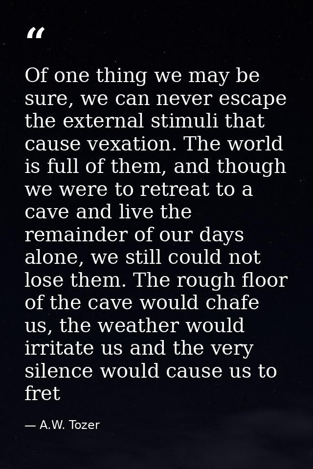 Of one thing we may be sure, we can never escape the external stimuli that cause vexation. The world is full of them, an — A.W. Tozer