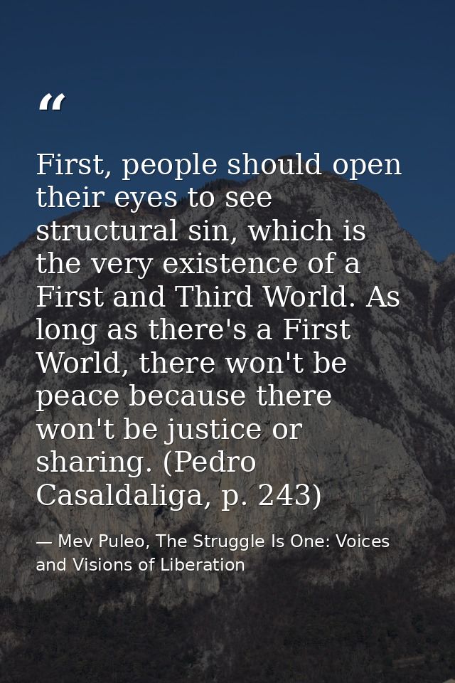 First, people should open their eyes to see structural sin, which is the very existence of a First and Third World. As l — Mev Puleo, The Struggle Is One: Voices and Visions of Liberation