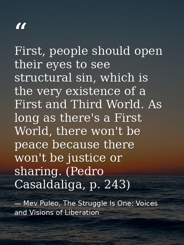 First, people should open their eyes to see structural sin, which is the very existence of a First and Third World. As l — Mev Puleo, The Struggle Is One: Voices and Visions of Liberation