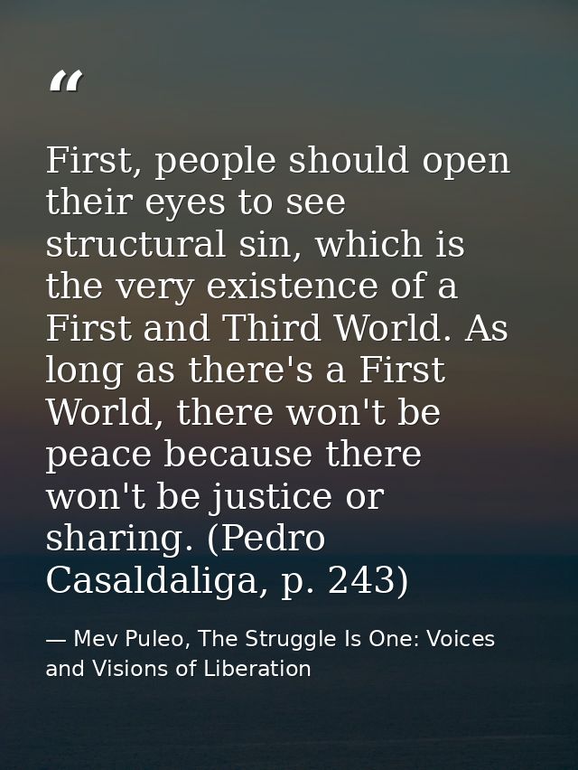 First, people should open their eyes to see structural sin, which is the very existence of a First and Third World. As l — Mev Puleo, The Struggle Is One: Voices and Visions of Liberation