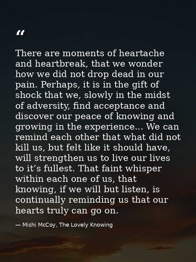There are moments of heartache and heartbreak, that we wonder how we did not drop dead in our pain. Perhaps, it is in th — Mishi McCoy, The Lovely Knowing