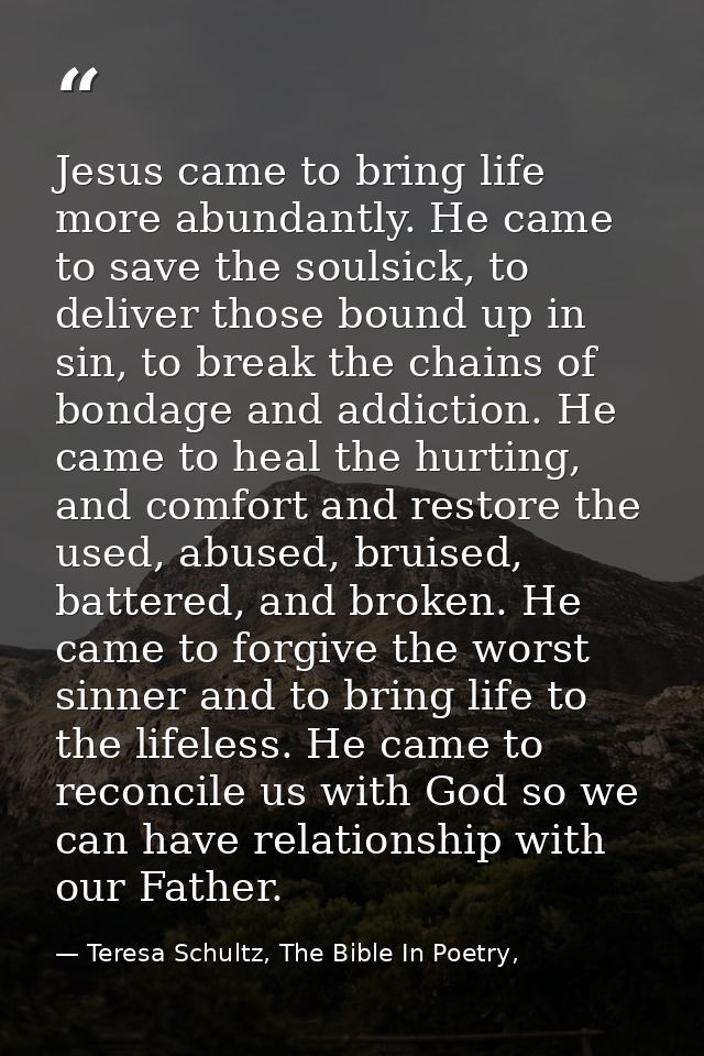Jesus came to bring life more abundantly. He came to save the soulsick, to deliver those bound up in sin, to break the c — Teresa Schultz, The Bible In Poetry,