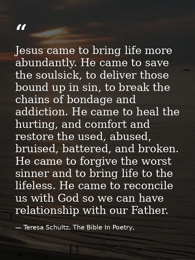 Jesus came to bring life more abundantly. He came to save the soulsick, to deliver those bound up in sin, to break the c — Teresa Schultz, The Bible In Poetry,