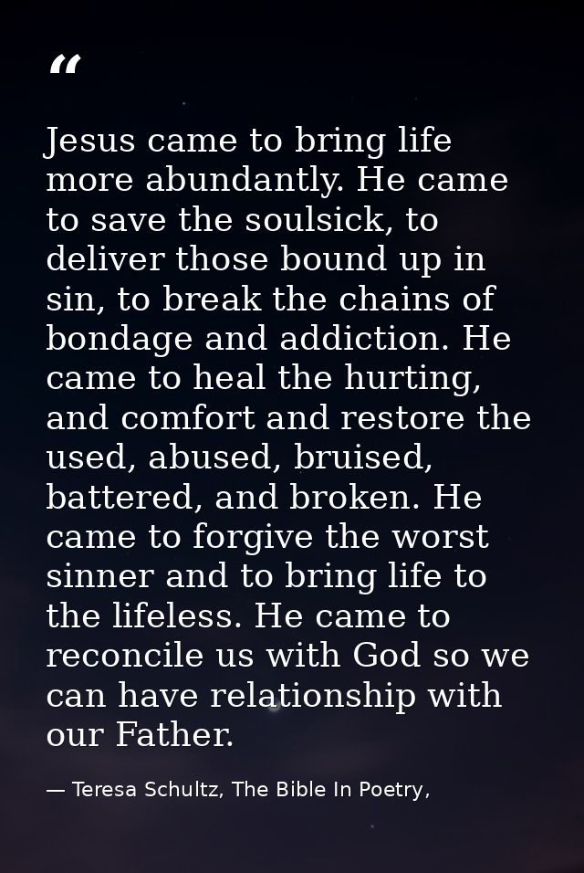 Jesus came to bring life more abundantly. He came to save the soulsick, to deliver those bound up in sin, to break the c — Teresa Schultz, The Bible In Poetry,