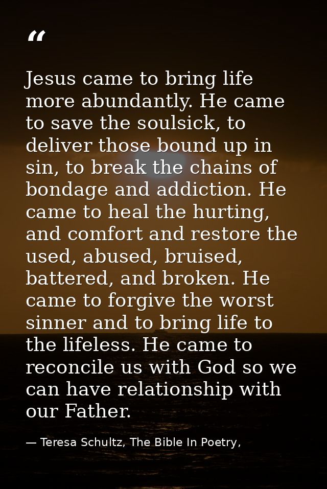 Jesus came to bring life more abundantly. He came to save the soulsick, to deliver those bound up in sin, to break the c — Teresa Schultz, The Bible In Poetry,