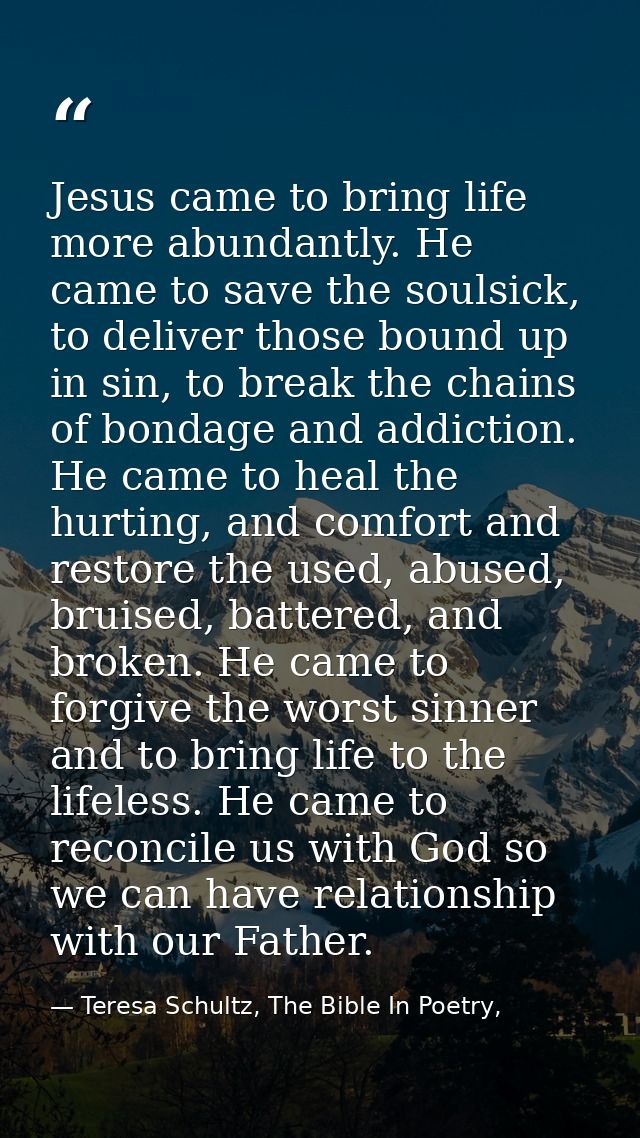 Jesus came to bring life more abundantly. He came to save the soulsick, to deliver those bound up in sin, to break the c — Teresa Schultz, The Bible In Poetry,