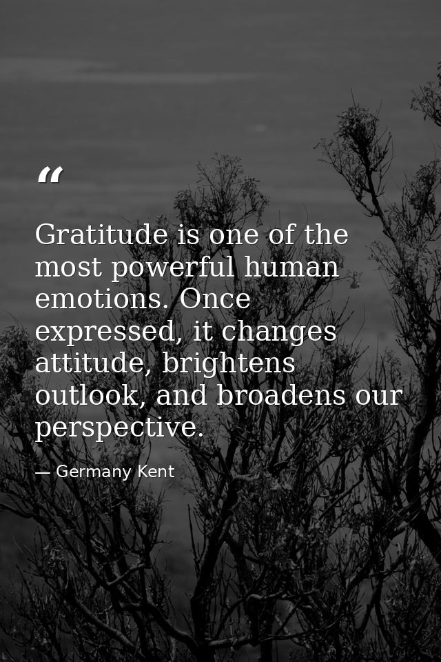 Gratitude is one of the most powerful human emotions. Once expressed, it changes attitude, brightens outlook, and broade — Germany Kent