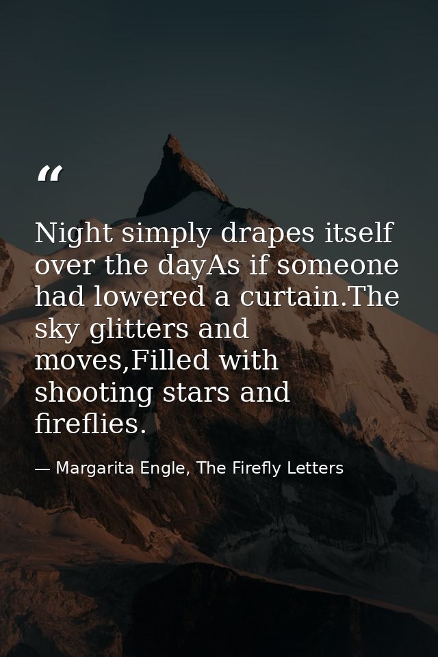 Night simply drapes itself over the dayAs if someone had lowered a curtain.The sky glitters and moves,Filled with shooti — Margarita Engle, The Firefly Letters