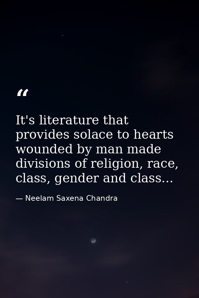 It's literature that provides solace to hearts wounded by man made divisions of religion, race, class, gender and class. — Neelam Saxena Chandra