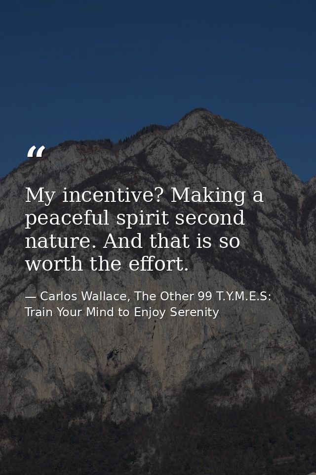 My incentive? Making a peaceful spirit second nature. And that is so worth the effort. — Carlos Wallace, The Other 99 T.Y.M.E.S: Train Your Mind to Enjoy Serenity