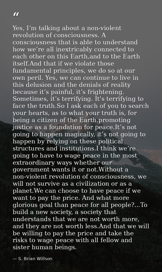 Yes, I’m talking about a non-violent revolution of consciousness. A consciousness that is able to understand how we’re a — S. Brian Willson