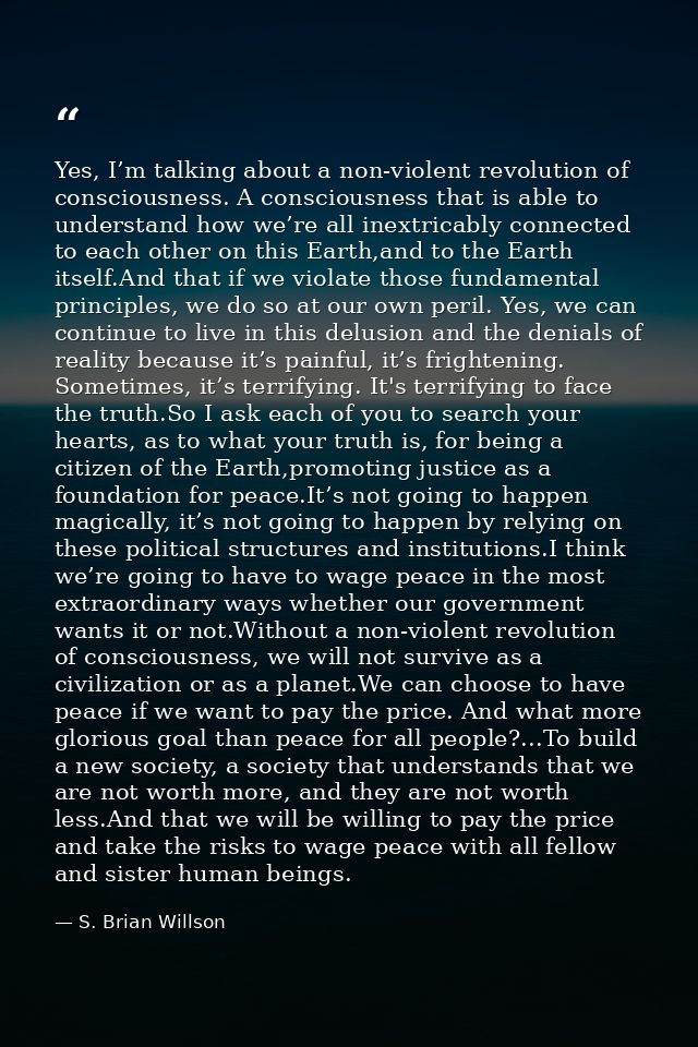 Yes, I’m talking about a non-violent revolution of consciousness. A consciousness that is able to understand how we’re a — S. Brian Willson