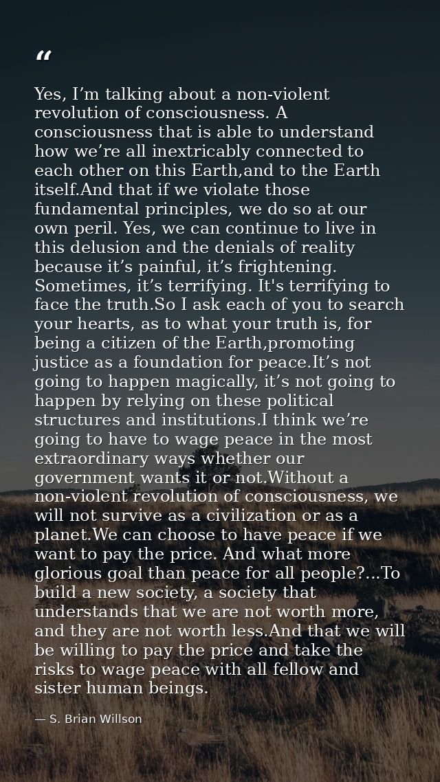 Yes, I’m talking about a non-violent revolution of consciousness. A consciousness that is able to understand how we’re a — S. Brian Willson