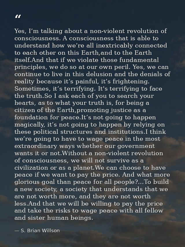 Yes, I’m talking about a non-violent revolution of consciousness. A consciousness that is able to understand how we’re a — S. Brian Willson