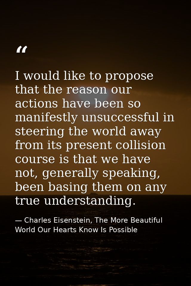 I would like to propose that the reason our actions have been so manifestly unsuccessful in steering the world away from — Charles Eisenstein, The More Beautiful World Our Hearts Know Is Possible