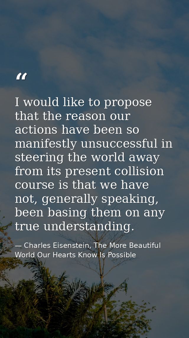 I would like to propose that the reason our actions have been so manifestly unsuccessful in steering the world away from — Charles Eisenstein, The More Beautiful World Our Hearts Know Is Possible