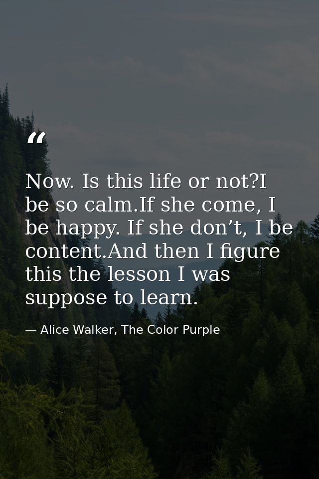 Now. Is this life or not?I be so calm.If she come, I be happy. If she don’t, I be content.And then I figure this the les — Alice Walker, The Color Purple