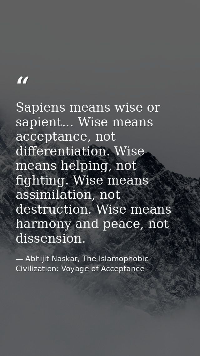 Sapiens means wise or sapient... Wise means acceptance, not differentiation. Wise means helping, not fighting. Wise mean — Abhijit Naskar, The Islamophobic Civilization: Voyage of Acceptance