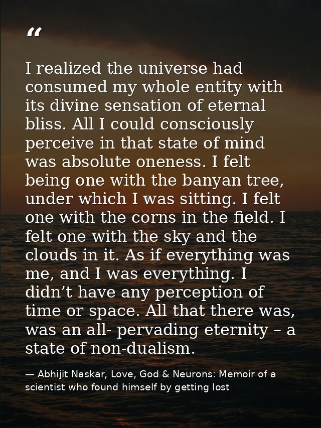 I realized the universe had consumed my whole entity with its divine sensation of eternal bliss. All I could consciously — Abhijit Naskar, Love, God & Neurons: Memoir of a scientist who found himself by getting lost
