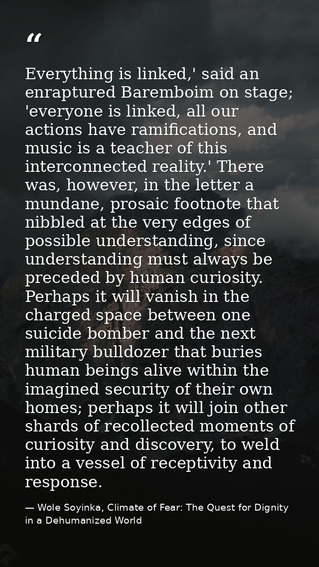 Everything is linked,' said an enraptured Baremboim on stage; 'everyone is linked, all our actions have ramifications, a — Wole Soyinka, Climate of Fear: The Quest for Dignity in a Dehumanized World