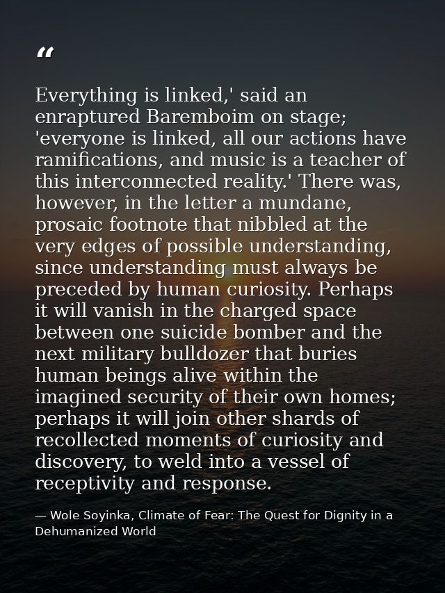 Everything is linked,' said an enraptured Baremboim on stage; 'everyone is linked, all our actions have ramifications, a — Wole Soyinka, Climate of Fear: The Quest for Dignity in a Dehumanized World