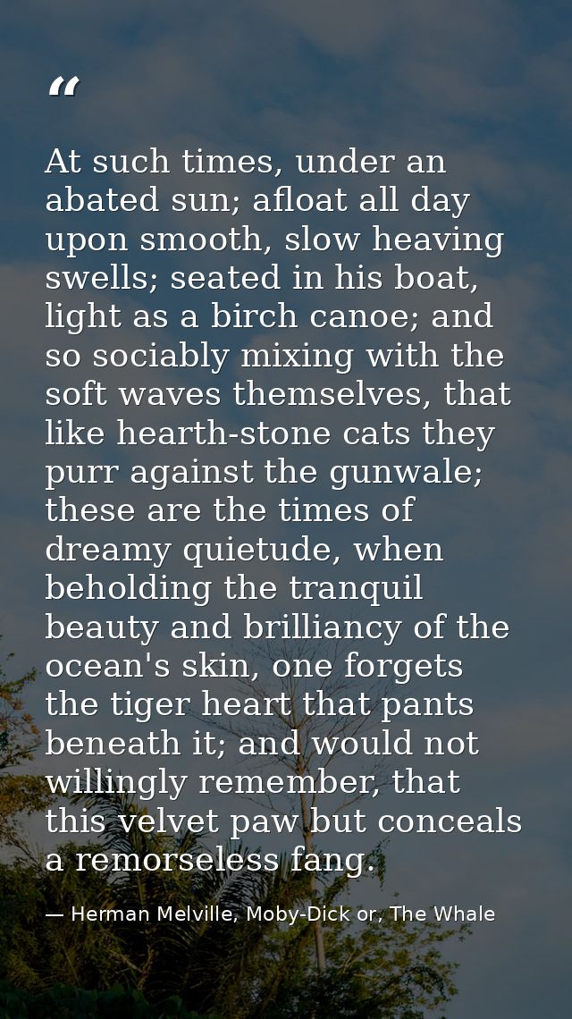 At such times, under an abated sun; afloat all day upon smooth, slow heaving swells; seated in his boat, light as a birc — Herman Melville, Moby-Dick or, The Whale