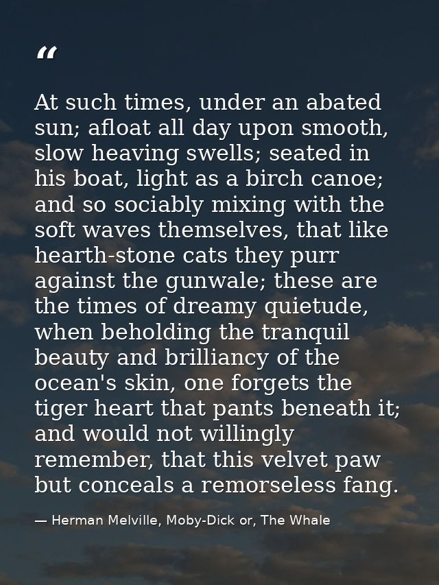 At such times, under an abated sun; afloat all day upon smooth, slow heaving swells; seated in his boat, light as a birc — Herman Melville, Moby-Dick or, The Whale