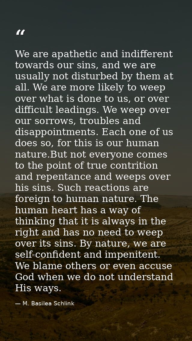 We are apathetic and indifferent towards our sins, and we are usually not disturbed by them at all. We are more likely t — M. Basilea Schlink