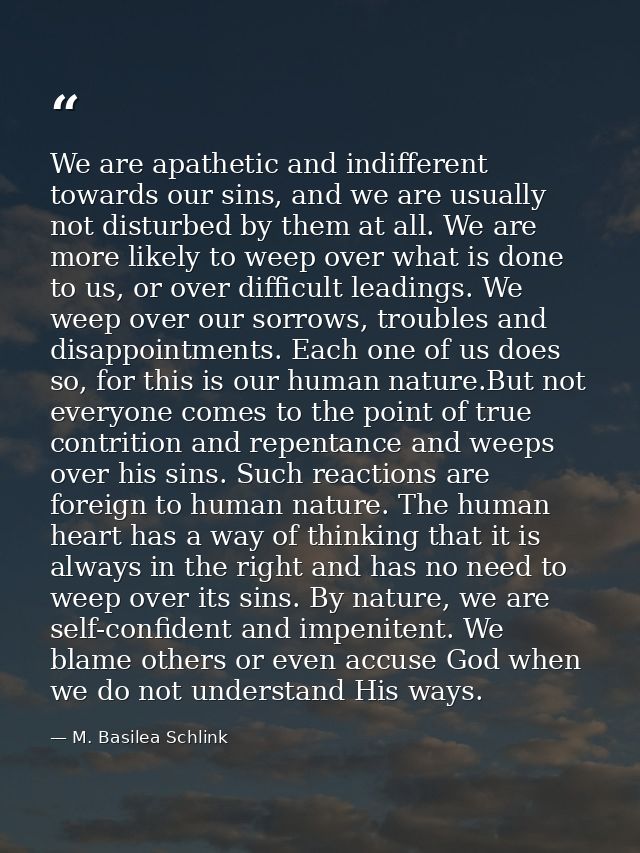 We are apathetic and indifferent towards our sins, and we are usually not disturbed by them at all. We are more likely t — M. Basilea Schlink